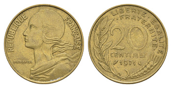 Франция 20 сантимов 1971 тип Morlon KM 930, Le Franc 156.11 алюминиевая бронза 4631-511