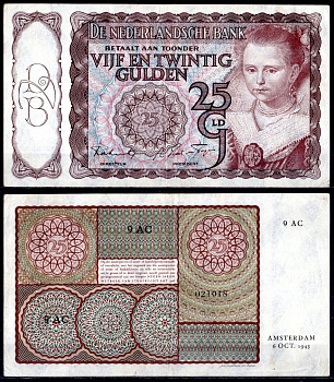 Нидерланды 25 гульденов 1943 "Молодая женщина" (Паулюс Морельс) Pick 60 бумага 451-1134-2