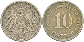 Германия 10 пфеннигов 1905 А KM 12, J. 13 медно-никель 210-644