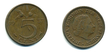 НИДЕРЛАНДЫ 5 ЦЕНТОВ 1957 ЮЛИАНА KM 181 бронза 76-422