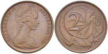 АВСТРАЛИЯ 2 ЦЕНТА 1967 ЕЛИЗАВЕТА II (1953-), ЕЛИЗАВЕТА II, МОЛОДОЙ ПОРТРЕТ, ПЛАЩЕНОСНАЯ ЯЩЕРИЦА (FRILLED LIZARD) KM 63 бронза 4519-433