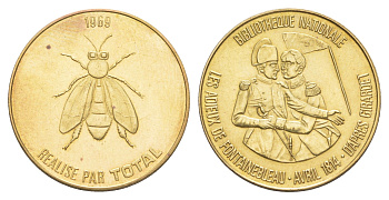 Франция жетон к 200-летию со дня рождения Наполеона-Бонапарта "Национальная библиотека Франции - Прощание с Фонтенбло" 1969 компания Total, диаметр 25,8 мм, вес 5 гр железо плакированная латунью UNC 4637-515