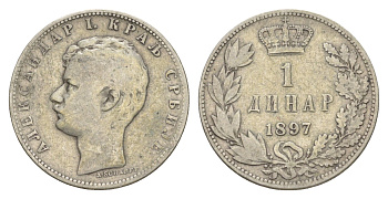 Сербия 1 динар 1897 Александр I (1889-1903) KM 21 серебро 4606-212