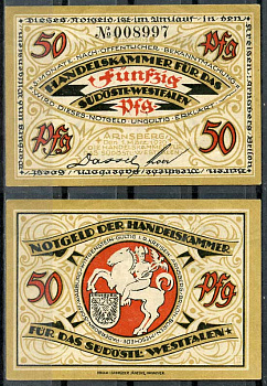 Германия, Арнсберг 50 пфеннигов 1920 нотгельд, 1.7.1919 Tie.0195/02  бумага  UNC (пресс) 444-83-1-1