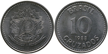 Бразилия 10 крузадо 1988 KM 607, Schon 116 нержавеющая сталь 4519-745
