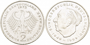 ФРГ 2 МАРКИ 1973 J, ТЕОДОР ХОЙС KM 127, J. 407 медно-никель плакированный никелем плакированный никелем 3996-912