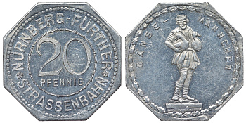 Германия, Нюрнберг - Фюрт 20 пфеннигов ND трамвайный жетон, фонтан с гусями алюминий UNC 4119-734