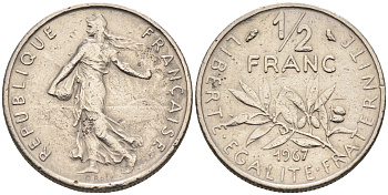 Франция 1/2 франка 1967 сеятель KM 931.1 никель    4169-148