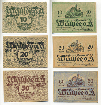 АВСТРИЯ НАБОР ИЗ 3 БАНКНОТ 1920 1 АПРЕЛЯ 1920-31 ДЕКАБРЯ 1920, НОТГЕЛЬД, 10 , 20, 50 ГЕЛЛЕРОВ, НОТГЕЛЬД, WALLSEE a.D. бумага aUNC 6280-5-3-1