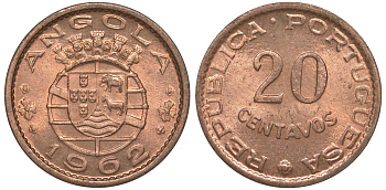 Португальская Ангола 20 сентаво 1962 KM 78 бронза aUNC 4588-824