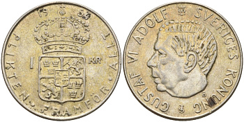 Швеция 1 крона 1954 TS, Густав VI Адольф (1950-1973) KM 826 серебро 4148-1142