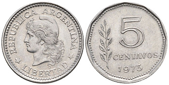 Аргентина 5 сентаво 1973 голова свободы влево KM 65, CJ 352, Schon 65 алюминий    4609-1214