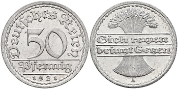 Германия 50 пфеннигов 1921 A KM 27, J.301, Weege 10 алюминий UNC 4584-813