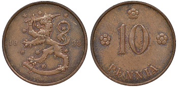 Финляндия 10 пенни 1938 KM 24 медь 51-3035