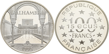 Франция 100 франков - 15 экю 1995 серия архитектурные монументы Европы (Альгамбра, красный замок в Гранаде, Испания), в коробке с сертификатом KM 1112 серебро  PROOF 5-6-1-40