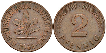 ФРГ 2 пфеннига 1968 F J.381a KM 106a сталь плакированная медью    4598-756