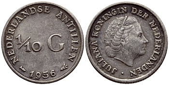 Нидерландские Антилы 1/10 гульдена 1956 Юлиана (1948-1980) KM 3 серебро 46-667