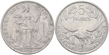 Французская Новая Каледония 5 франков 1992 птица кагу, (IEOM) KM 16, Schoen 12, Lec 80 алюминий 189-126