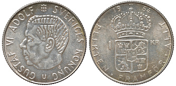 Швеция 1 крона 1964 U, Густав VI Адольф (1950-1973) KM 826 серебро 4178-753