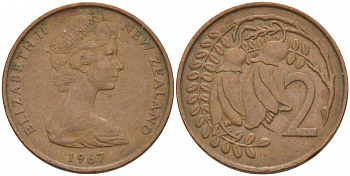 Новая Зеландия 2 цента 1967 Елизавета II (1952-2022), два цветка кохаи KM 32.1 бронза 4544-924