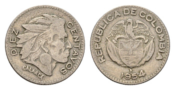 Колумбия 10 сентаво 1954 KM 212 медно-никель 4679-152
