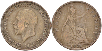 Великобритания 1/2 пенни 1928 Георг V (1910-1936) KM 837, Spink 4058 бронза 4513-432