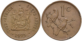 ЮАР 1 ЦЕНТ 1975 ГЕРБ, КАПСКИЕ ВОРОБЬИ KM 82 бронза 4588-1257