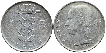 БЕЛЬГИЯ 1 ФРАНК 1959 BELGIQUE KM 142.1 медно-никель 4388-435