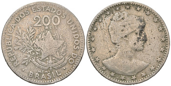 Бразилия 200 реалов 1901 MCMI, голова свободы вправо KM 504 медно-никель 4612-117