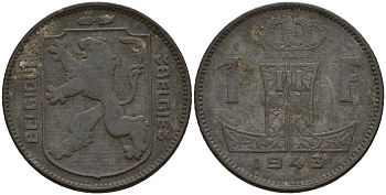 Бельгия 1 франк 1943 Belgique - Belgie, Леопольд III (1934-1947), германская оккупация, Вторая мировая война KM 127 цинк 4161-533