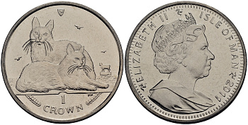 Остров Мэн 1 крона 2011 турецкая ангорская кошка КМ 1440 медно-никель UNC M92-20
