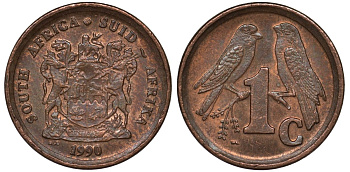 ЮАР 1 цент 1990 воробьи KM 132 сталь плакированная медью 4124-566