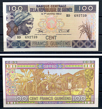Гвинея 100 франков 2015 женщина, урожай бананов Pick A47  бумага  UNC (пресс) 448-6-1-1
