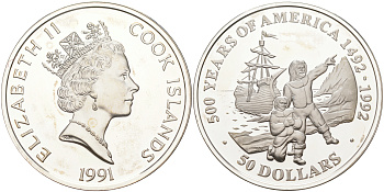 ОСТРОВА КУКА 50 ДОЛЛАРОВ 1991 500 ЛЕТ ОТКРЫТИЮ АМЕРИКИ, МЭЙФЛАУЭР И ПИЛИГРИМЫ, ВЕС 31,1035 ГР. KM 140 серебро PROOF 1074-7-34
