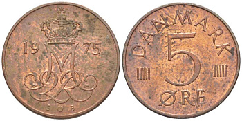 Дания 5 эре 1975 S; B, Маргрете II (1972- ) KM 859.1 железо плакированное медью 201-1163