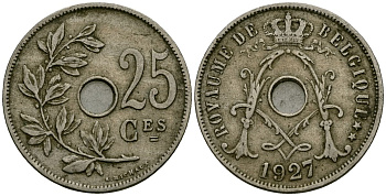 Бельгия 25 сантимов 1927 Belgique KM 68 медно-никель 4165-525