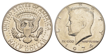 США 1/2 доллара (50 центов) 1974 D, Джон Кеннеди KM 202b медь плакированная медно-никелем aUNC 4123-131