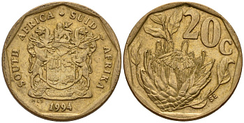 ЮАР 20 центов 1994 герб, цветок протея KM 136 сталь плакированная латунью 4154-1137