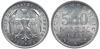 Германия 500 марок 1923 А KM 36, J.305 алюминий UNC 4587-516