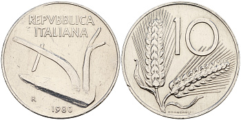 Италия 10 лир 1980 R, плуг KM 93 алюминий    4595-346