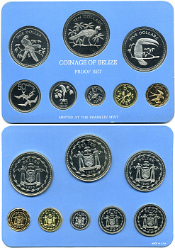 Белиз набор из 8 монет 1976 птички, в картонном буклете, запайка, в оригинальной коробке, с сертификатом KM PS 5, KM 43-50 PROOF 1-5-3-7