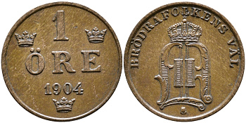 Швеция 1 эре 1904 Оскар II (1872-1907) король Швеции и Норвегии KM 750 бронза 176-868