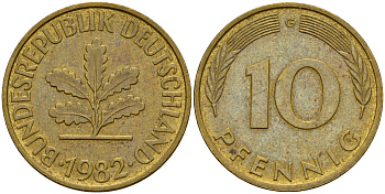 ФРГ 10 пфеннигов 1982 G J. 383, KM 108 сталь плакированная латунью    4603-523