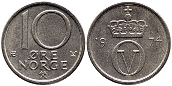 Норвегия 10 эре 1974 Улаф V (1958-1991) KM 416 медно-никель 4387-823