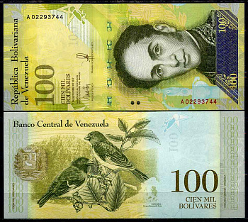 Венесуэла 100000 боливар 2017 7 сентября 2017, Симон Боливар, огненный чиж Pick 100 a бумага UNC (пресс)   447-32-3