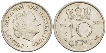 НИДЕРЛАНДЫ 10 ЦЕНТОВ 1958 ЮЛИАНА KM 182 никель 66-817