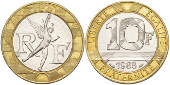 Франция 10 франков 1988 тип Гений Бастилии KM 964.1, Le Frank 375.2 биметалл 4519-144