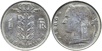 БЕЛЬГИЯ 1 ФРАНК 1988 BELGIQUE KM 142.1 медно-никель 3999-627