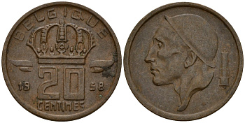 Бельгия 20 сантимов 1958 Belgique, Бодуэн I (1951-1993) KM 146 бронза 4154-1047