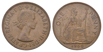 Великобритания 1 пенни 1966 Елизавета II (1952-2022) KM 897, Spink 4157 бронза 4661-934